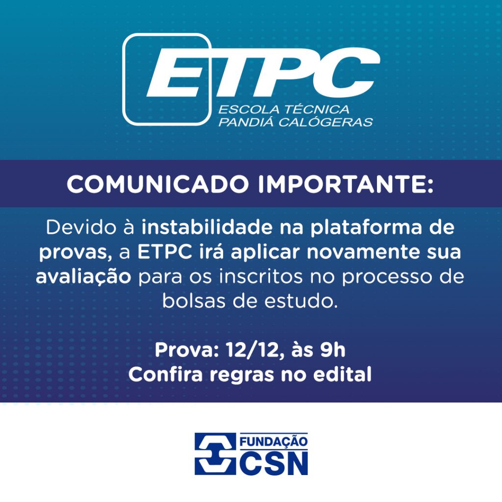 ETPC fará nova avaliação para inscritos no processo seletivo devido à instabilidade na plataforma contratada.